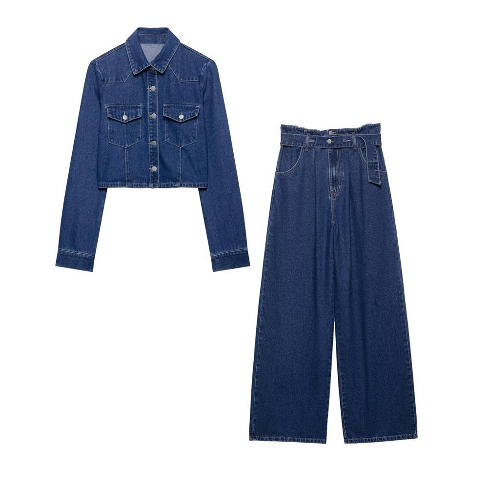 

2025 Spring/Summer Women s Belted Denim Jacket & Long Pants Set Medium темно-синього кольору
