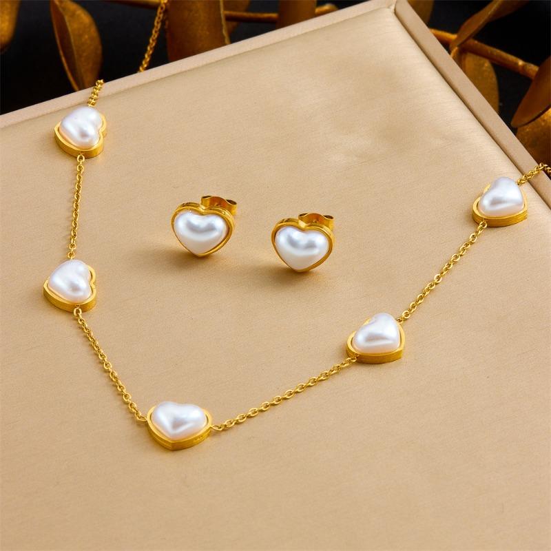 Heart Pearl Jewelry Set For Women Gold Plated Stainless Steel Necklace Bracelet Earrings