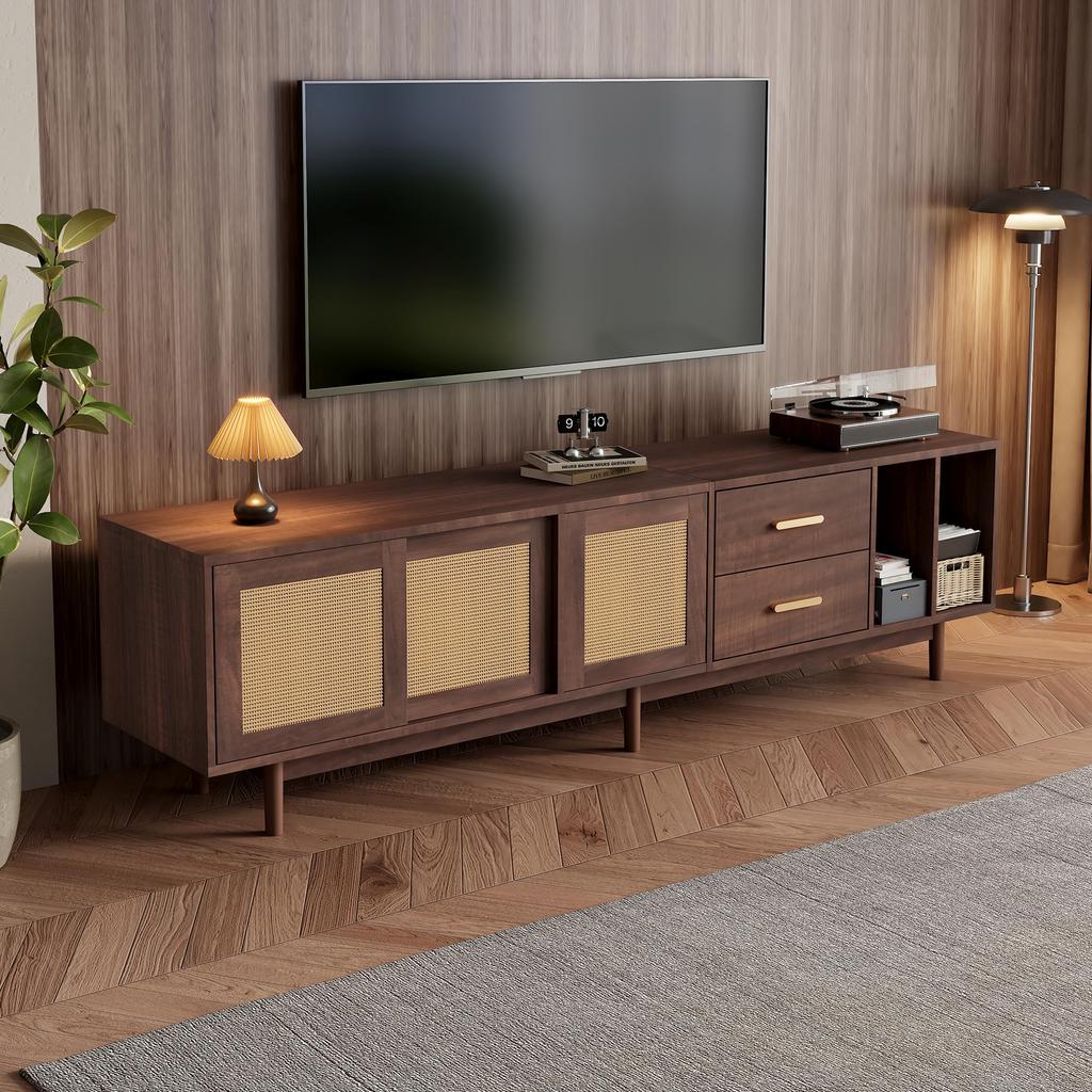 TV Ständer, Lowboard TV Board Schublade, Offene Staufächer, TV-Schrank Landhausstil Sideboard, Fernsehschrank Wohnzimmer Esszimmer, 190cm, Braun