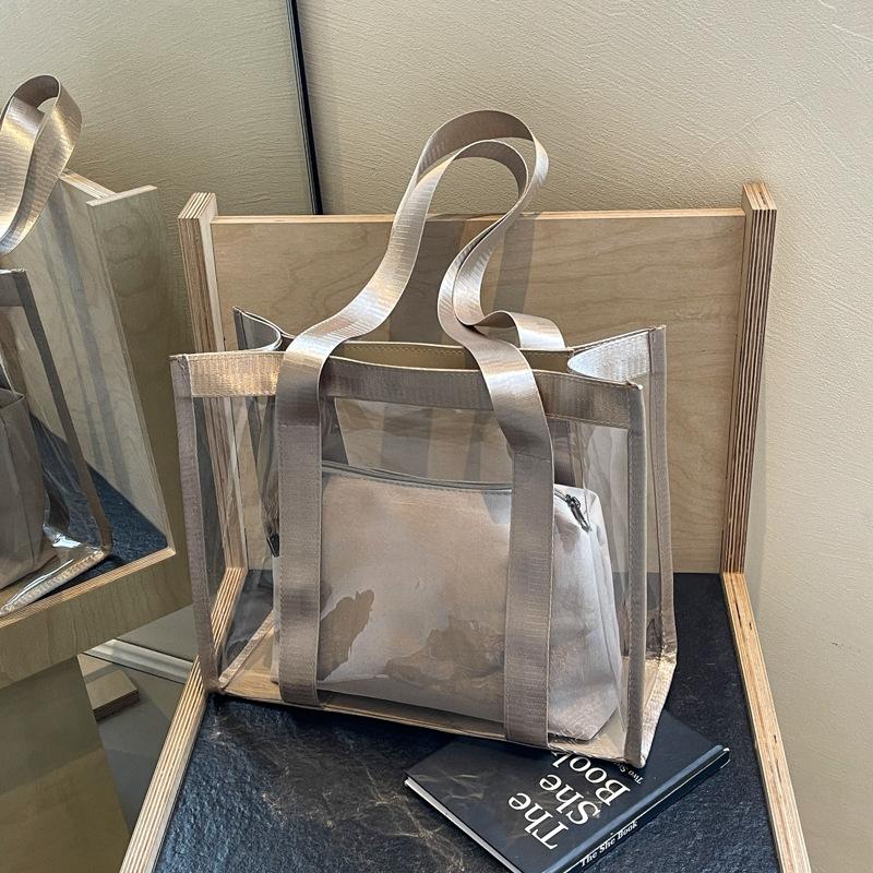 Transparente PVC-Tragetasche mit Reißverschluss-Einsatztasche für Damen, Lässige einfarbige Handtasche für Strandurlaub und Arbeit
