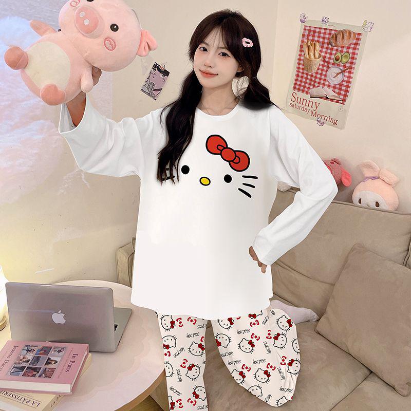 Women's Pure Cotton Cartoon Pajamas, Long Sleeve Spring/Autumn Set, Casual Loose Fit for Home or Outside Wear, Winter Ready