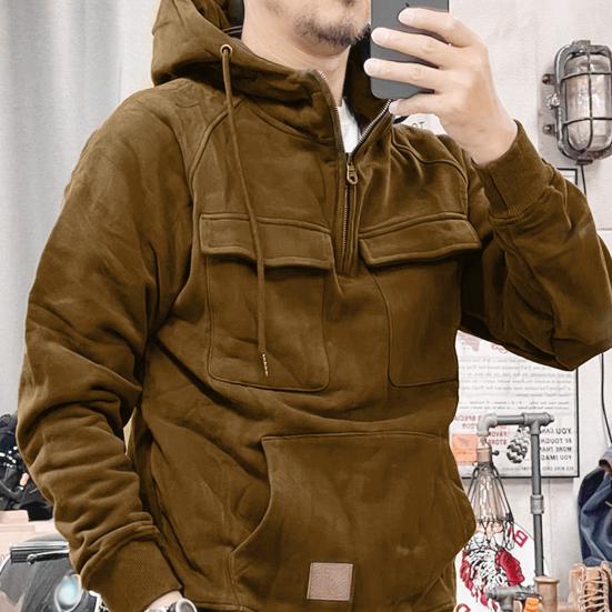 Bluza męska z kapturem na wiosnę i jesień, duża kieszeń naszywana, ściągacz, kieszenie na piersi, zamek błyskawiczny, długie rękawy, jednolity kolor, sportowy top