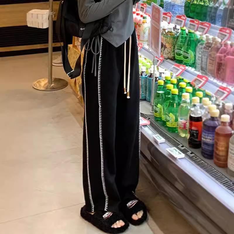 Women's Plus Size Black High Waist Wide Leg Sports Pants - Early Autumn Casual Loose Fit with a Slimming Effect