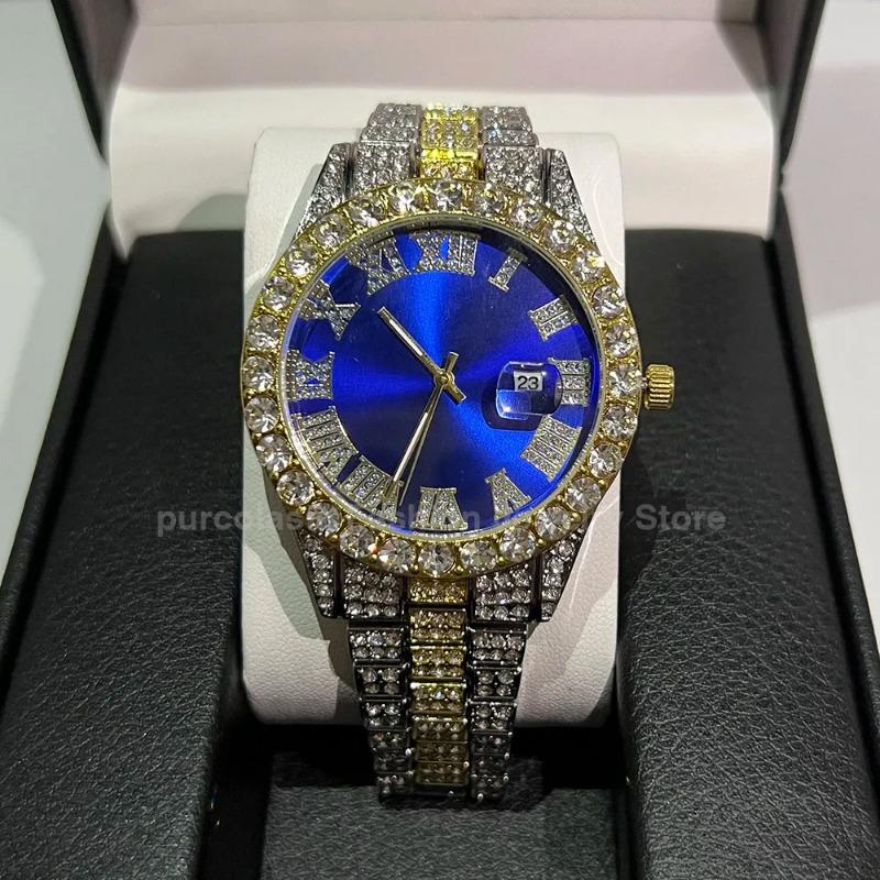 Personalized Hip Hop Watch with Shiny Rhinestones for Men Luxury Clock Band Length Iced Steel Belt 40mm Diameter Glass Dial