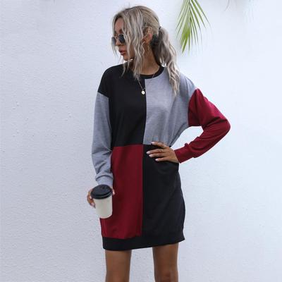 Elegante Vestido Moletom Feminino de Manga Comprida Patchwork Gola O Reto Comprimento Médio Outono Inverno