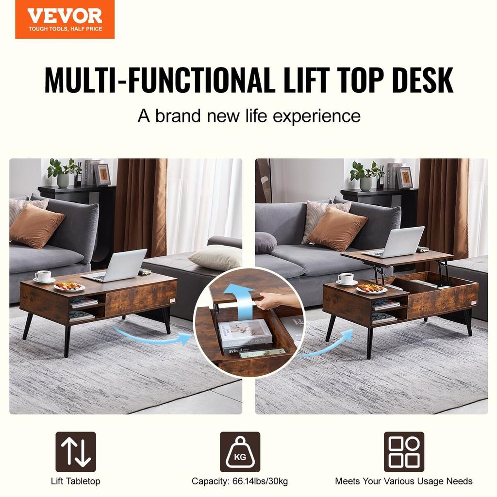 Lift Top Coffee Table 39.4 In Rectangle Coffee Table for Living Room Brown