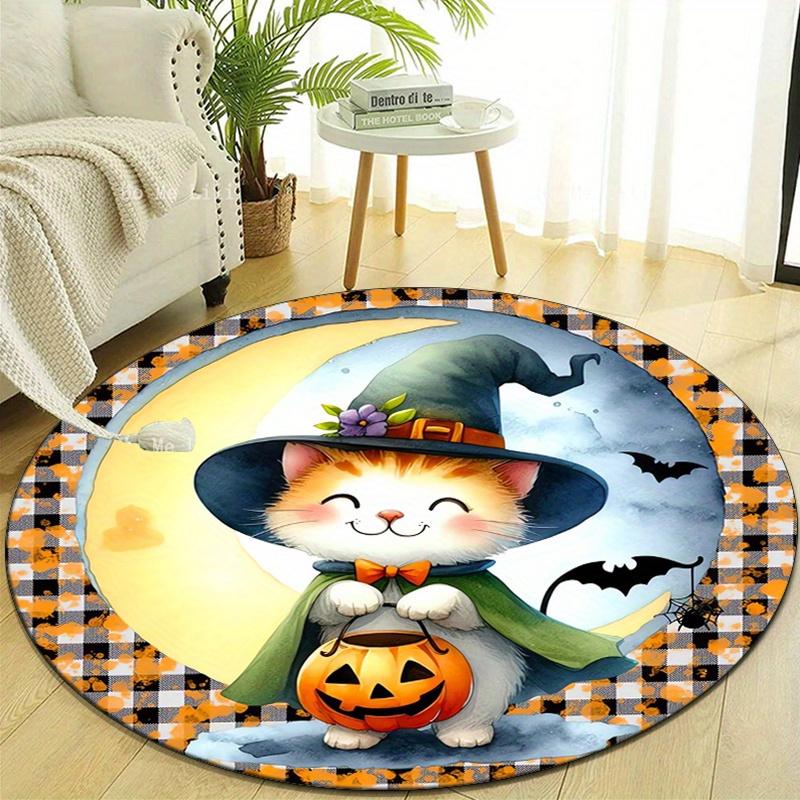 Halloween Kitten Printed Round Area Rug, Crystal Velvet, Non-Slip Mat, Polyester Chair Pad for Bedroom, Living Room, Home Decor