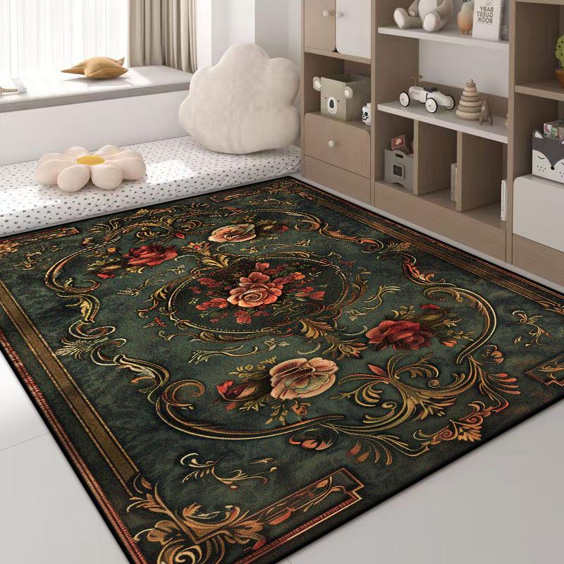 Luxusní zelený koberec květinový design protiskluzový velký rozměr obývací pokojový koberec zlatý okraj evropská tatami rohož měkké ložnicové koberce pratelné