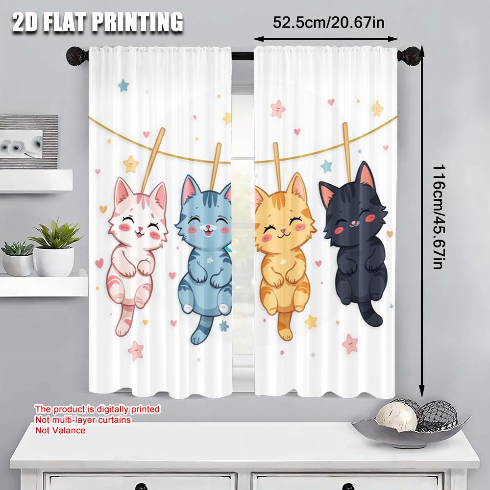 Flat Printing Curtain Cute Hanging Cats Versatile Fabric Without Electricity Family Party Decoration Perfect Bedroom Set Of 2 Made Polyester Washable