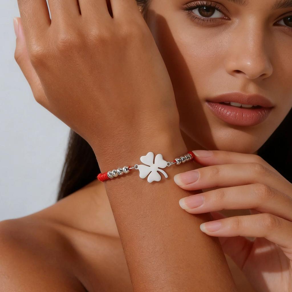 Lucky Clover Charm Bracelet Red Black Adjustable Handmade Rope String Beads Stainless Steel Jewelry Gifts for Women Couple
