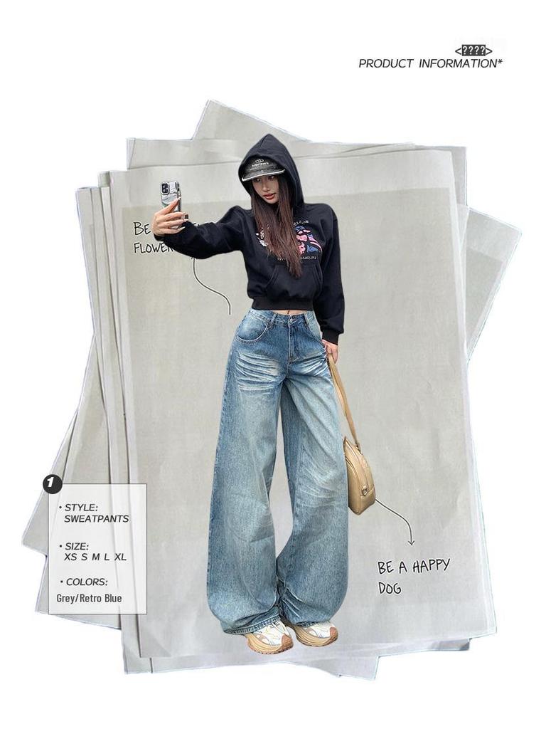 2025 Autumn Women's Loose Wide-Leg Stacked Hem Trendy Banana Jeans