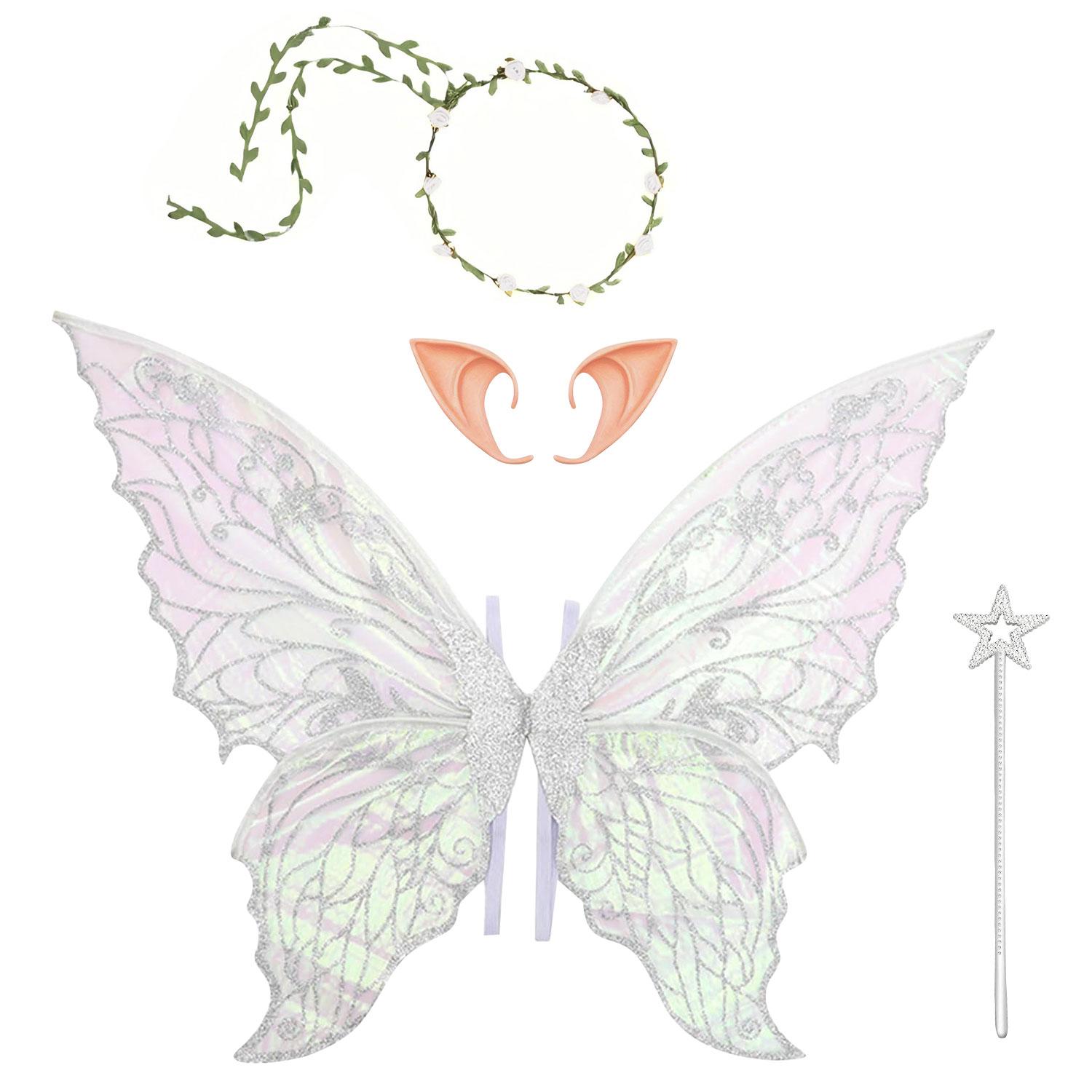 

Fairy Wings for Adults & Girls, Fairy Costume Kit with Flower Garland, Sparkle Hair Tinsel, Magic Wand and Elf Ears срібний