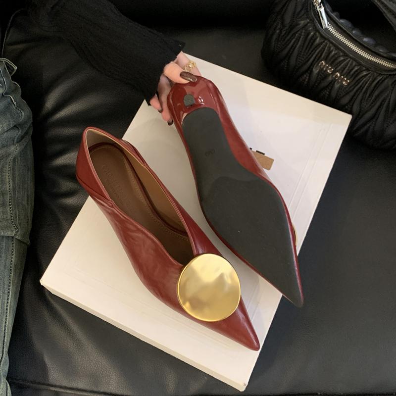 Fashion SUOJIALUN 2025 Autumn New Brand Women Pumps Shoes Fashion Gold Metal Shallow Slip On Single Shoes Thin Low Heel Dress Pumps
