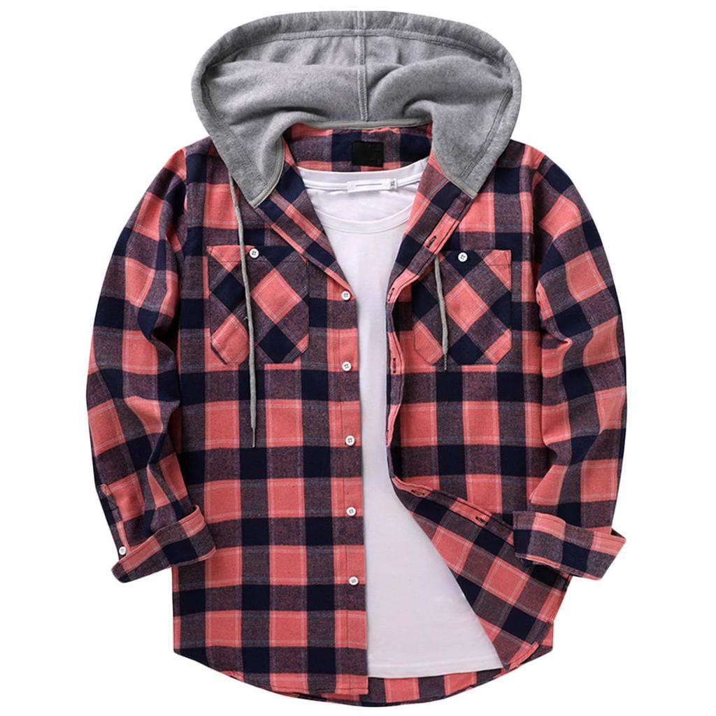 Plaid Pattern Men's Long Sleeve Hooded Shirt Jacket With Chest Pocket, Men's Casual Fall And Winter Coat