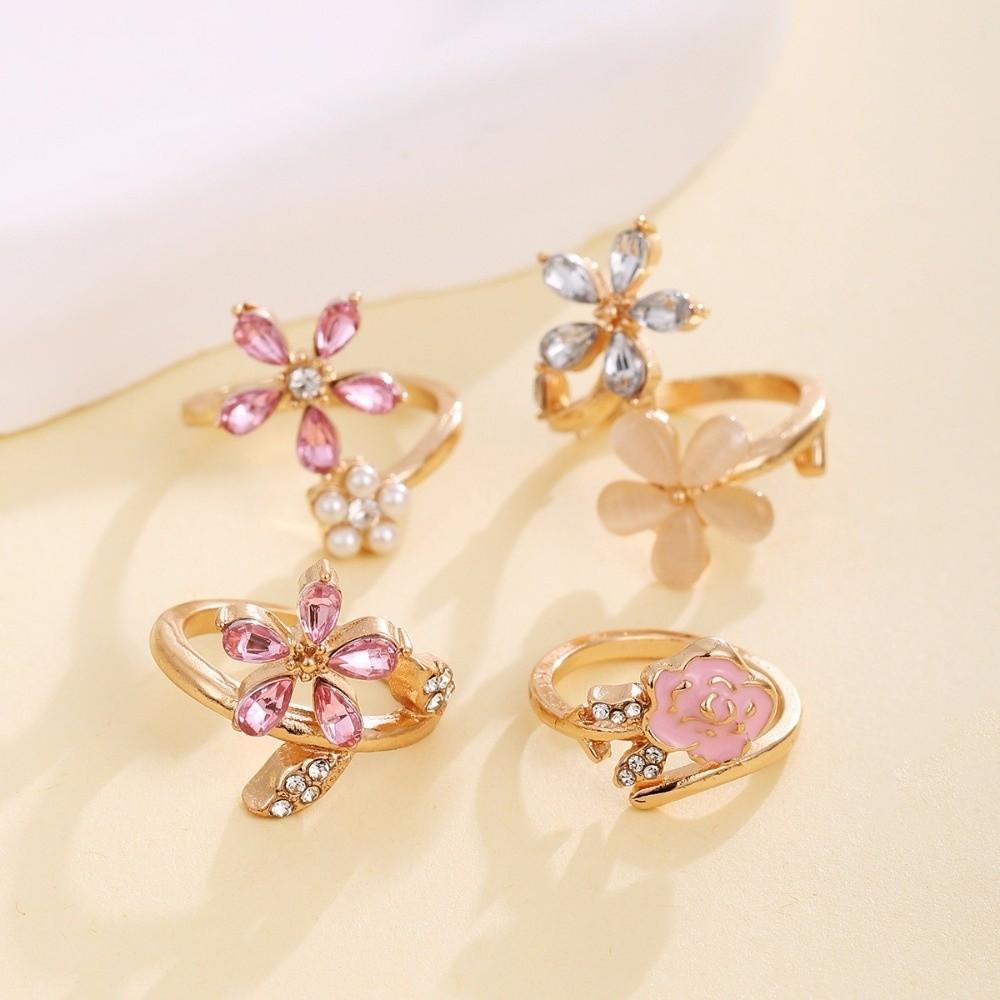 4 pcs Crystal Opening Finger Ring Light Luxury Finger Jewelry Elegant Rhinestone Flower Rings  Gifts