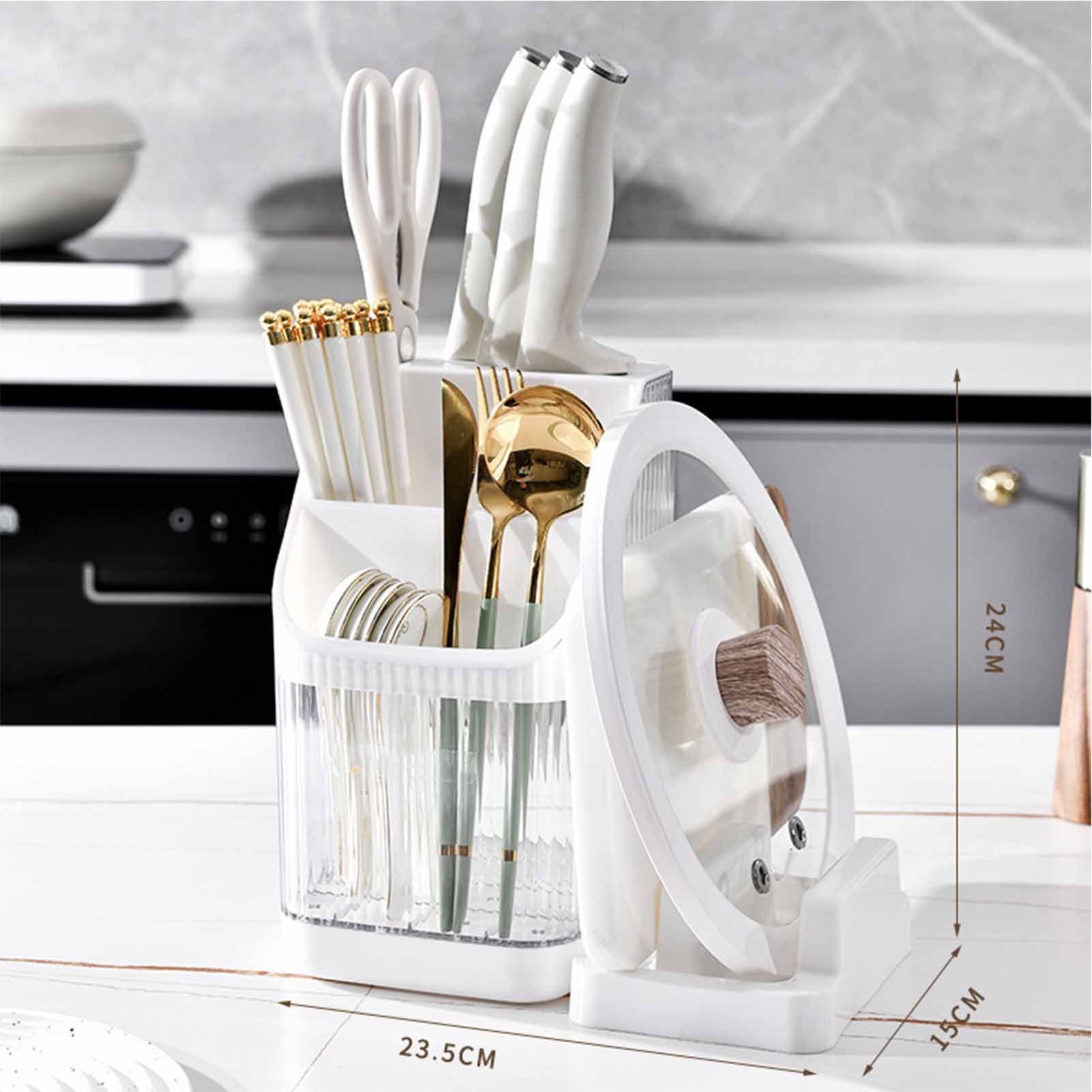 

Knife Block Utensil Holder with Draining Tray Compartment Storage Transparent Kitchen Utensils Organizer White белый