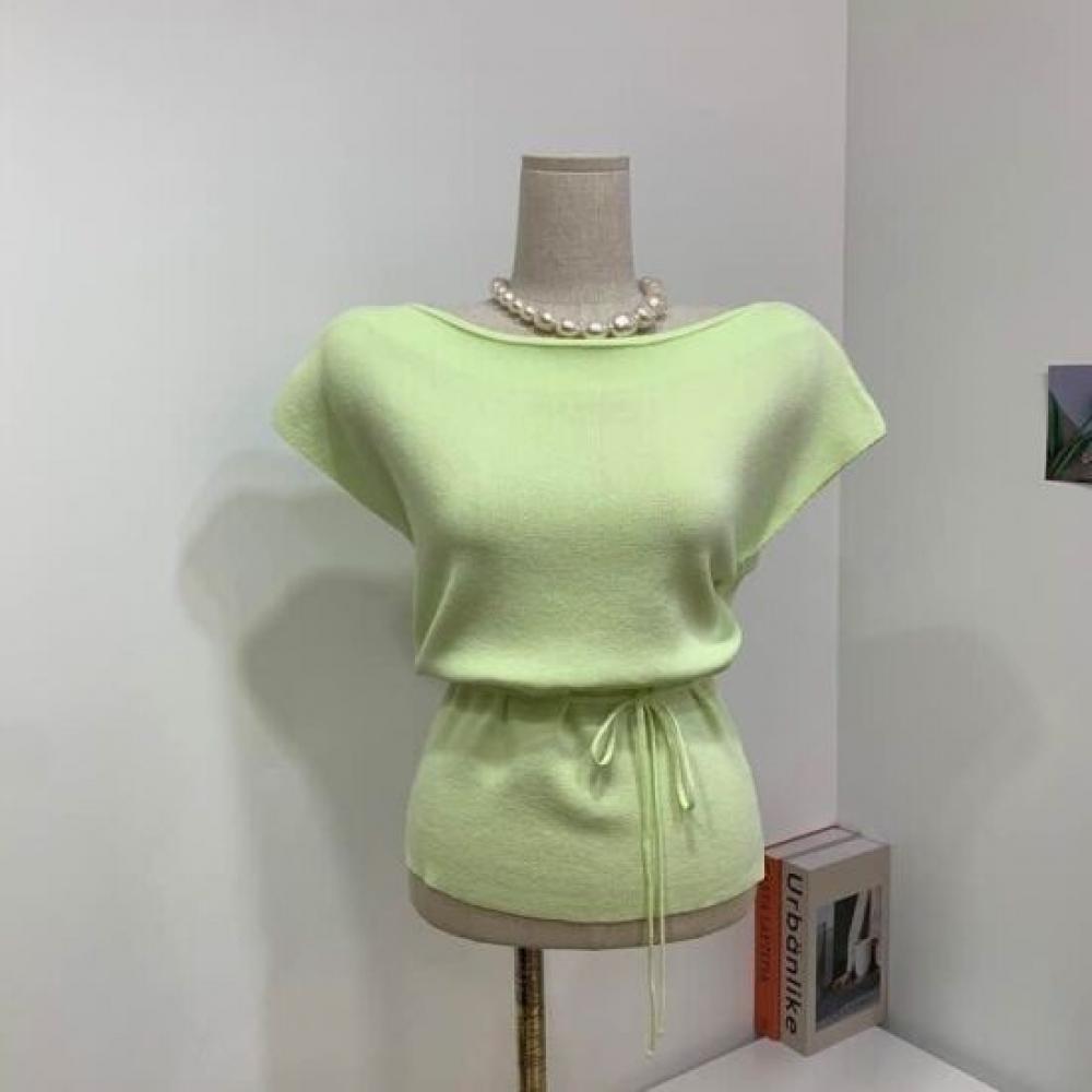 C S In The Room biShu Boat neCk Cap Sleeve Knit waiSt Tie Set 4Color