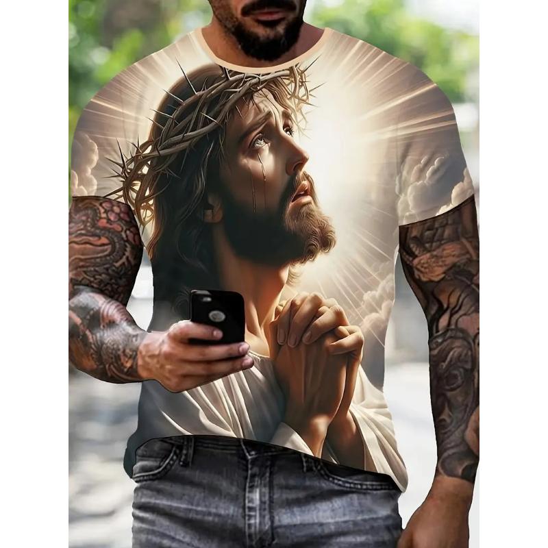 Men s 3D Jesus Print T-Shirt Short Sleeve Casual Crew Neck Praying Hands Design Tshirt For Men New In Oversized Tee Shirt Tops 6XL