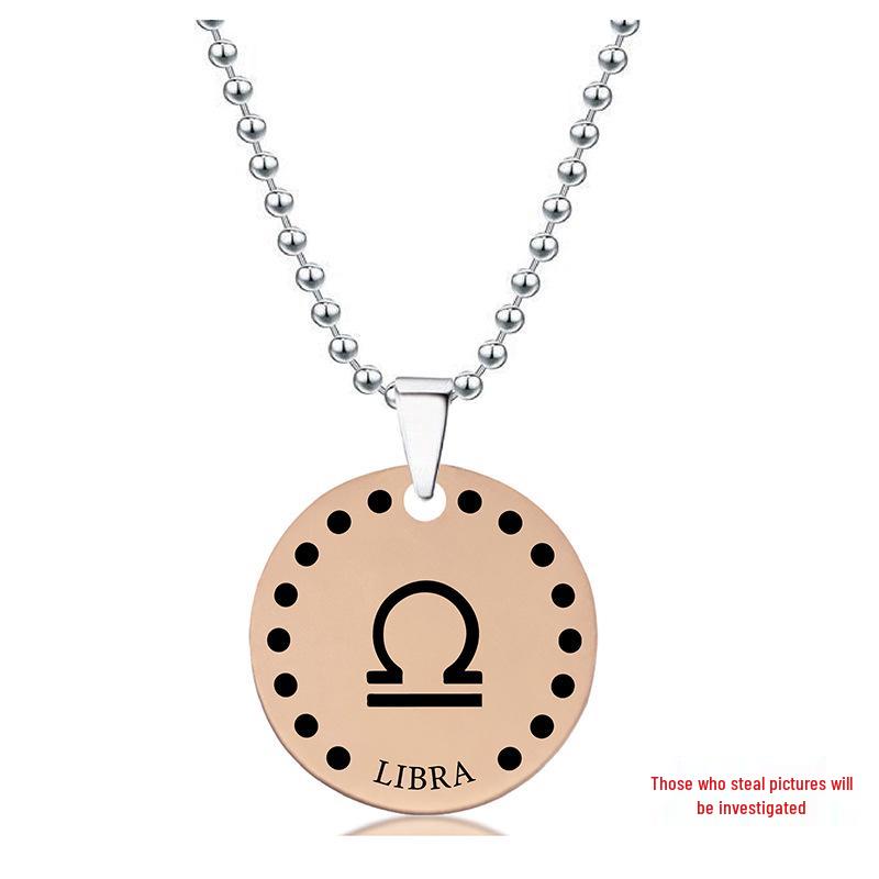Rose Gold Stainless Steel Necklace with Twelve Constellations Engraved Round Tag - Christmas Holiday Gift