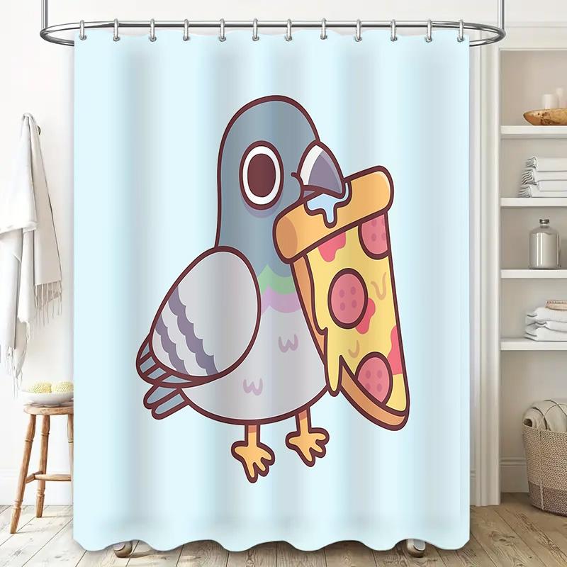Cute Bird Pizza Shower Curtain Farmhouse Bathroom Decor Funny Animal Pattern Waterproof Fabric Washable Home Textile