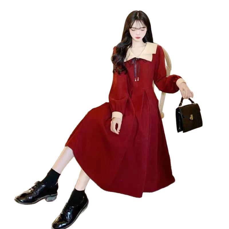 Übergröße Damen Preppy Französisches Marineblau Langarmkleid mit Schlank machender Taille und Figurbetonter Passform