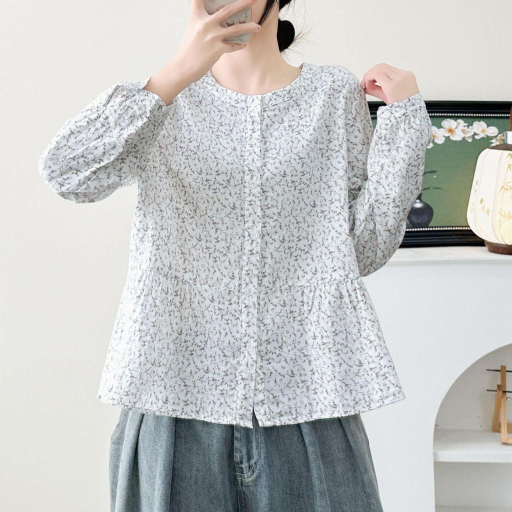 2026 Early Spring Double-Layer Floral Cotton Gauze Women's Long Sleeve Loose Casual Doll Shirt