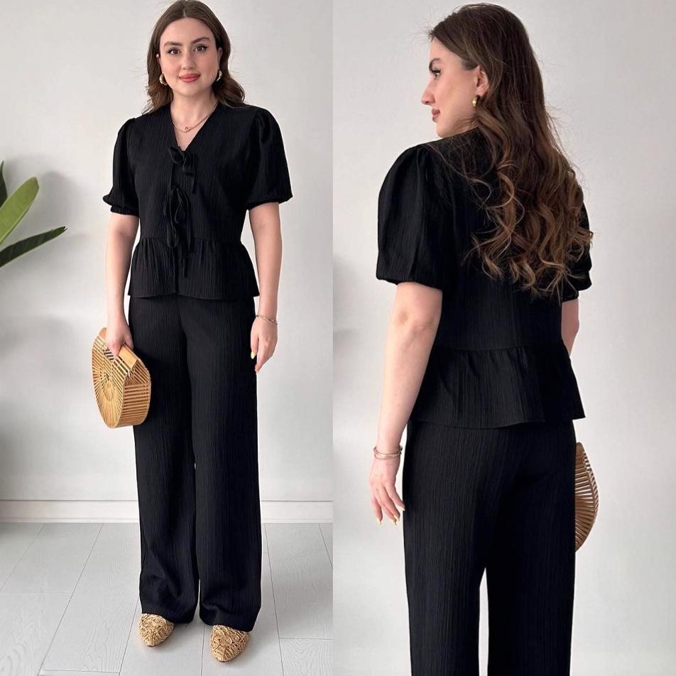 2025 Fall V-neck Casual Short-sleeve Top & High-waisted Women's Set