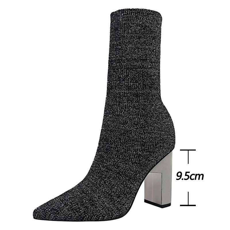 Shoes Women Elastic Sock Boots Metal Block Heel Women Boots Sexy High-heel Boots 2025 New Women Ankle Boots Plus Size 43