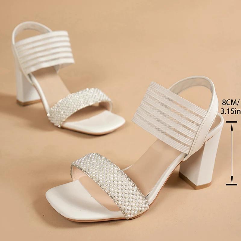

Fashion Elegant Ladies Beige String Bead Sandals Summer 2025 High Heels Pearl Mesh Dress Shoes Woman Banquet Party Shoes Sandalias Mujer 42 бежевый