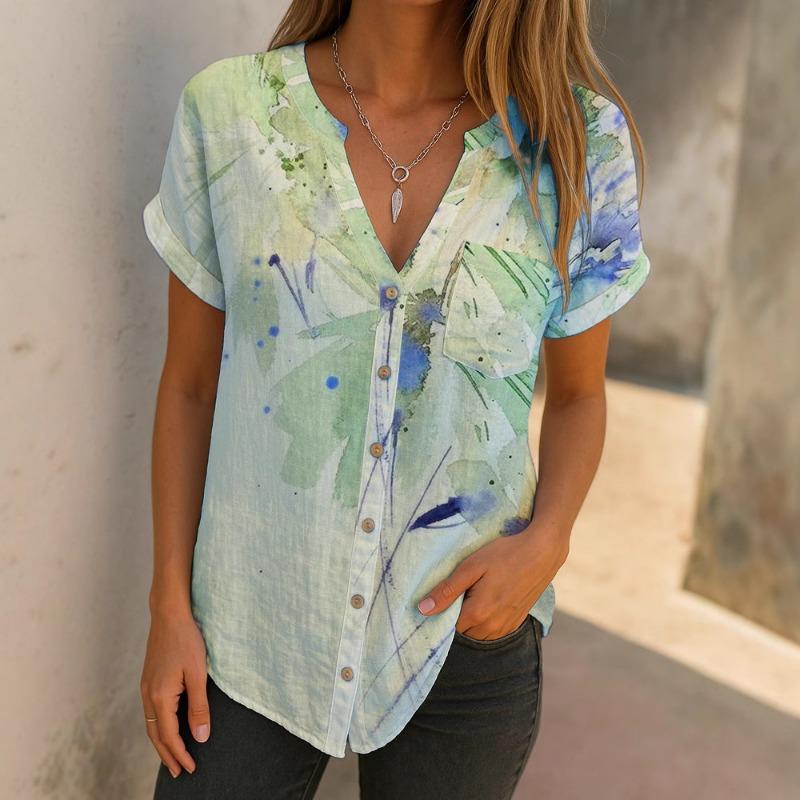 Womens Short Sleeve V Neck Printed Casual Blouse