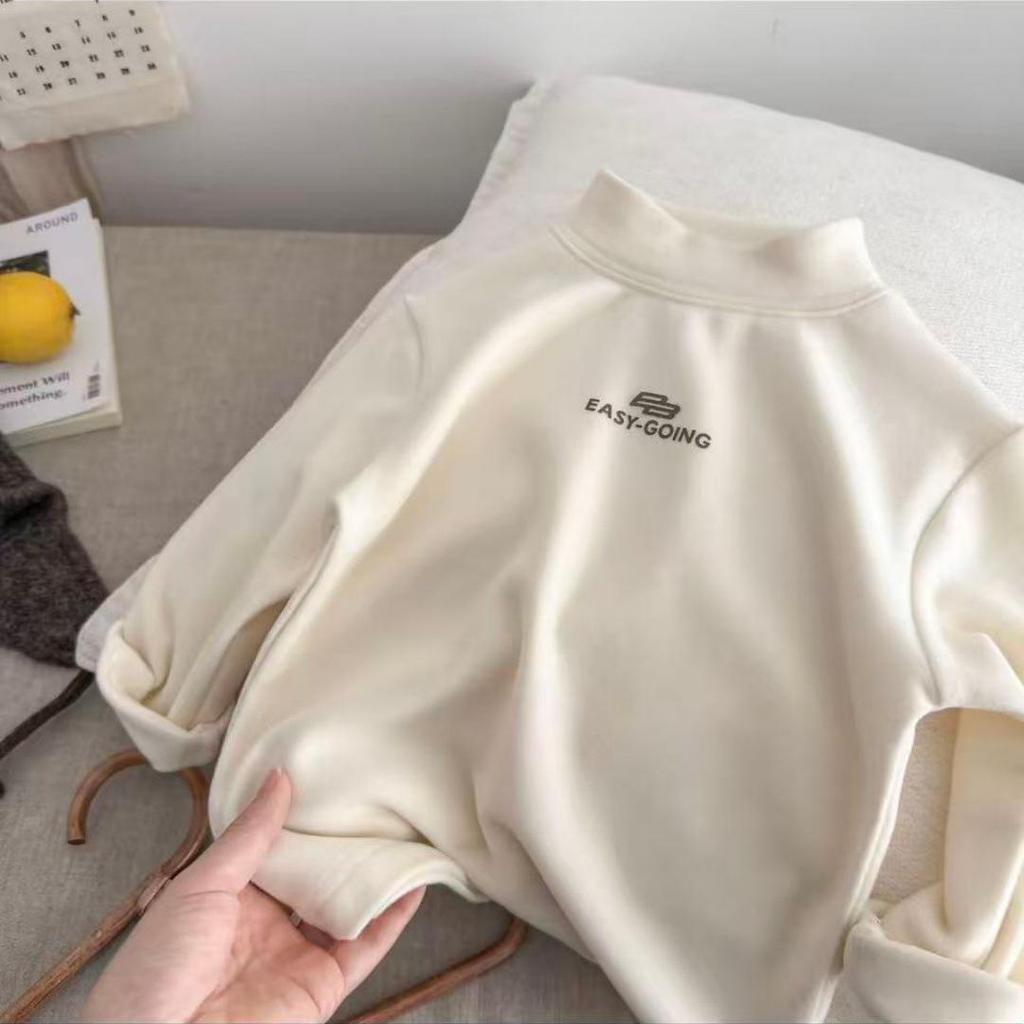 Unisex Kids Plush High-Neck Long-Sleeve T-shirt, Double-Sided, Autumn/Winter Hot Seller, Medium/Large Children's Base Layer Top