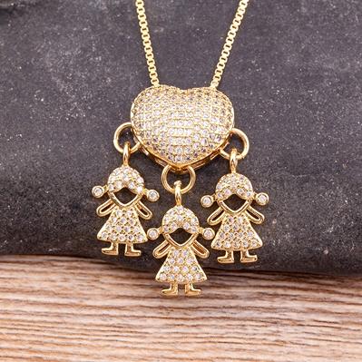 Nidin Hot Sale Son Daughter Heart Gold Plated Cubic Zirconia Family Girl Boy Pendant Necklace Chain Jewelry For Mother Gift
