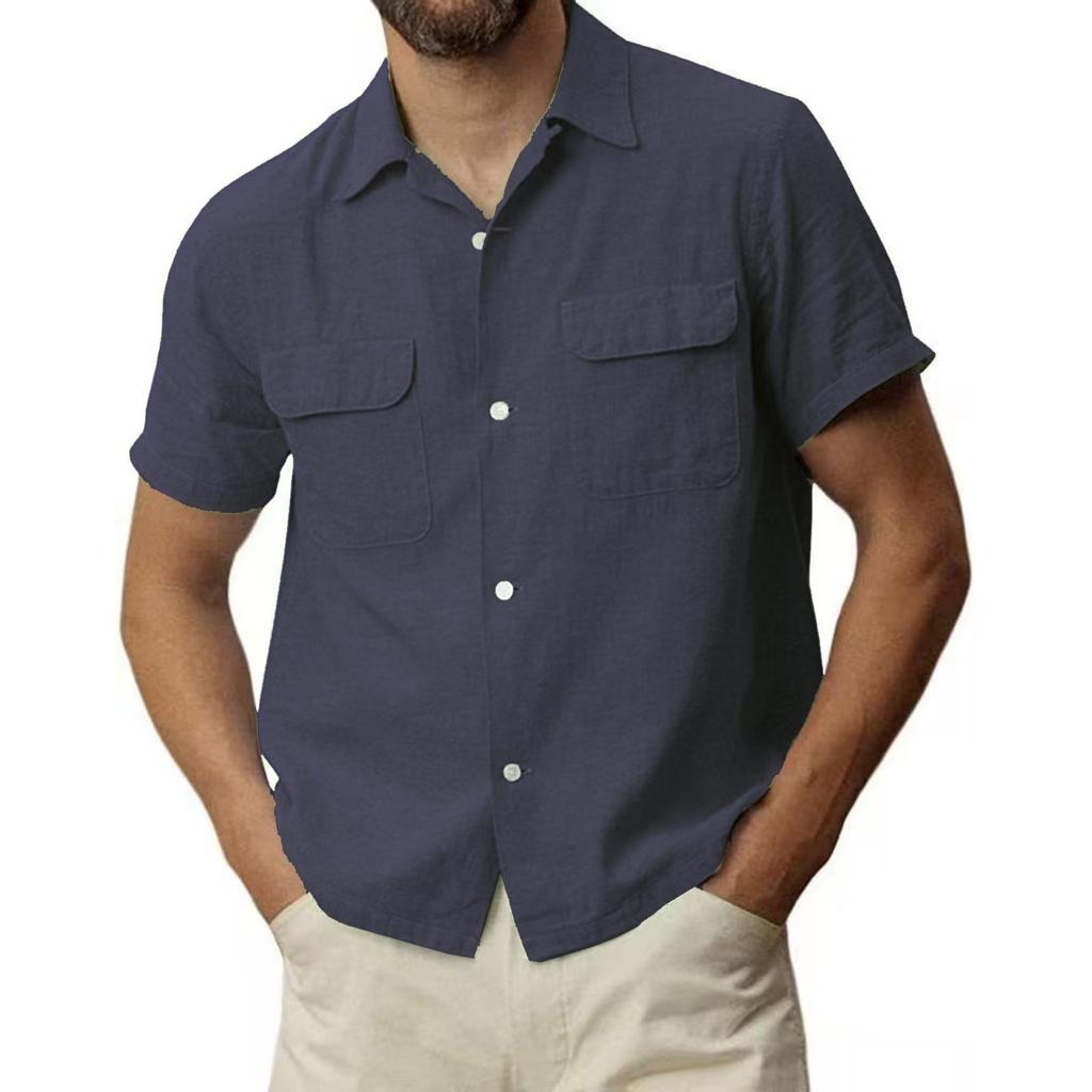 Camicia Casual da Uomo a Maniche Corte Monocolore con Bottoni, Top da Uomo in Cotone e Lino con Tasca e Revers