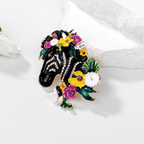 Zebrahuvud Emaljbrosch Strass Zebra Lapel Pin med Blommor Färgstark Häst Djur Brosch Pin Gåva för Kvinnor Män
