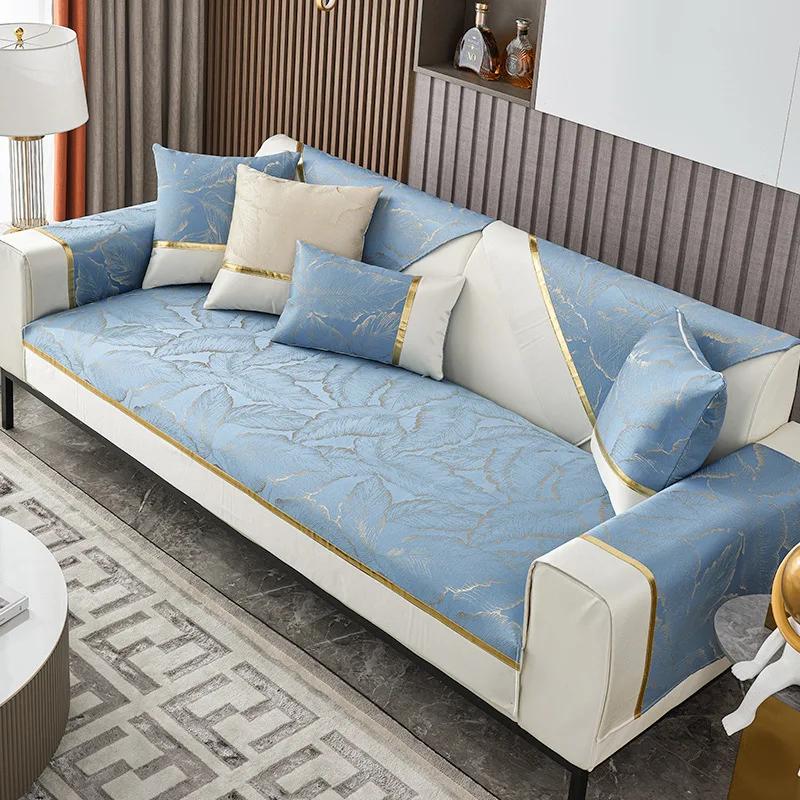 Жаккардовый чехол для дивана с золотой линией и белым краем — фото 10