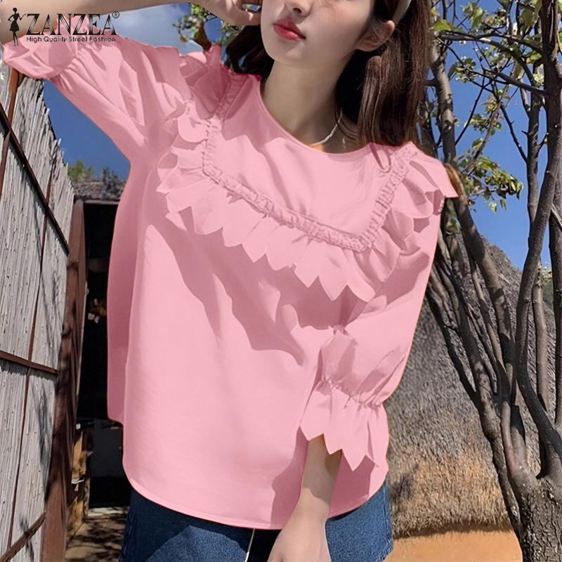 ZANZEA Women Summer Fashion Round Neck Wave Edge Lantern Short Sleeve Blouses