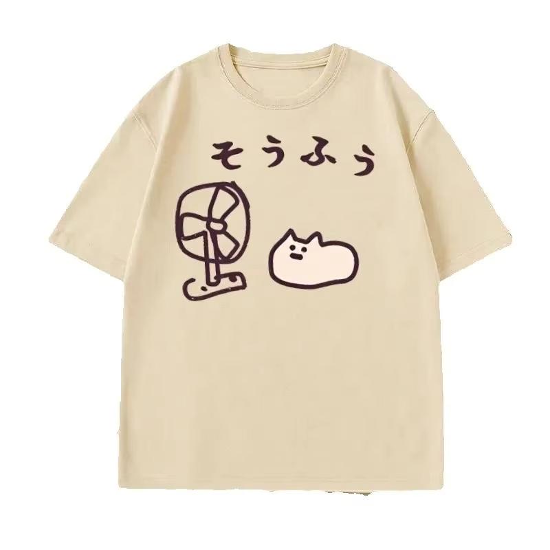 

Cool Japanese Style Fan Cat T-shirt Women Funny Short Sleeve Tshirt Graphic T Shirts Summer Streetwear Pritned Tees Tops S разноцветный