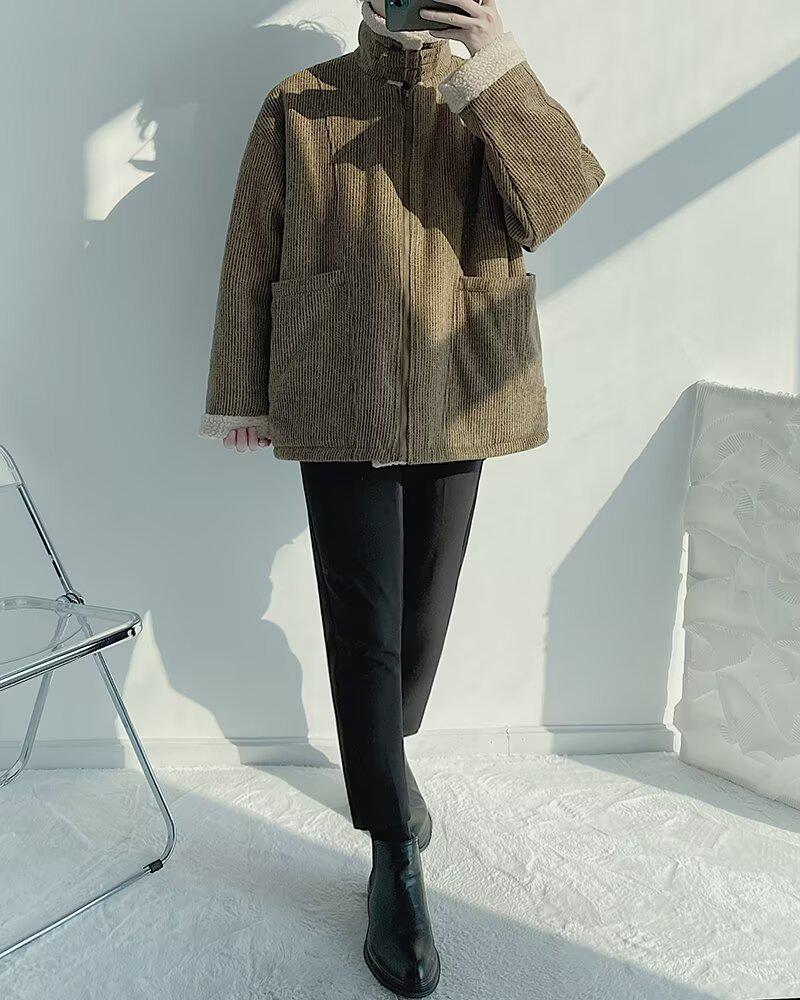 Herren Lammwolle Winterjacke, Samtgefütterter Wollmantel, Retro Amerikanischer Stil, Warme Streetwear Cool Reversjacke.