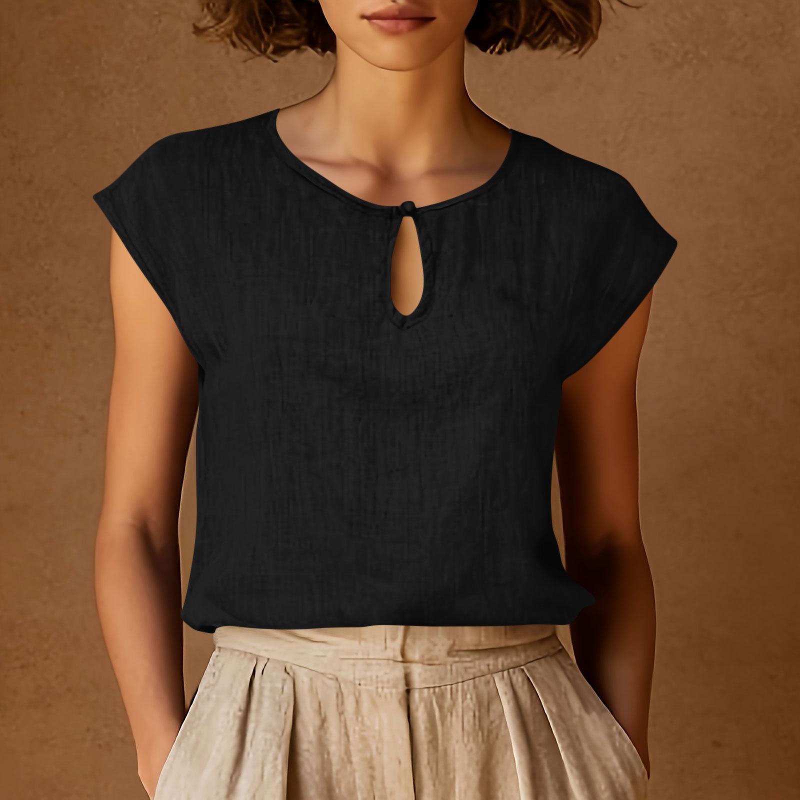 

Women Vintage Lightweight Crew Neck Sleeve Pullover Blouse Top with Keyhole Front Loose Fit Design for Daily Wear L чёрный