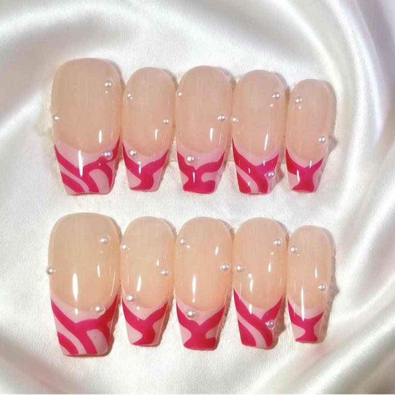 Long Almond Press-On Nails With Pink Gradient 3D Floral Embossing Fair Skin Tone AX1058