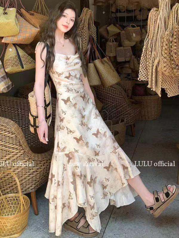 Niche Irregular Floral Print Waist-Cinching Elegant Suspender Dress for Spring & Summer