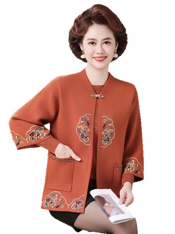 Elegant Autumn Tang Suit Two-Piece Set: National Style Sweater & Jacket for Middle-Aged and Elderly Women - Perfect for Weddings and Formal Events