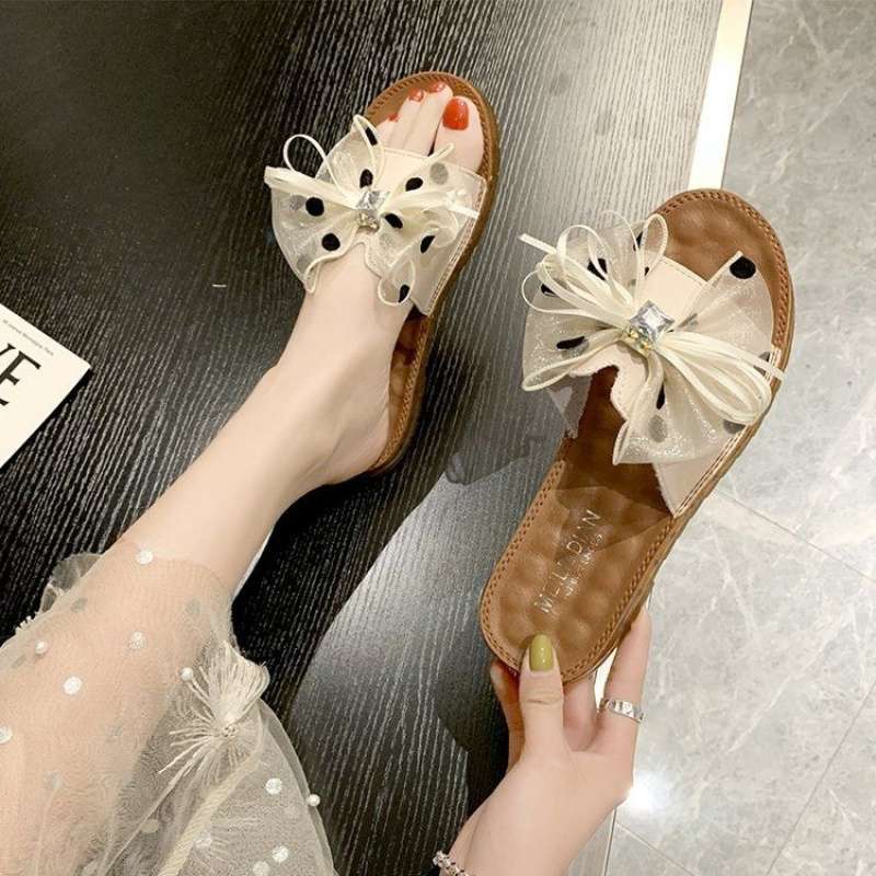 2025 New Korean Version of Versatile Soft-soled Slippers Women's Summer Bow Flat-bottomed Fashion Pregnant Women Wear Cool Slippers
