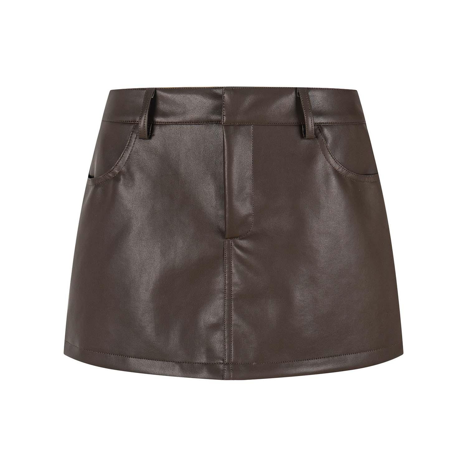 

UNBDNS High-Waisted Leather Mini Skirt: Women s 2026 A/W Slim Anti-Exposure A-Line Design Large коричневий