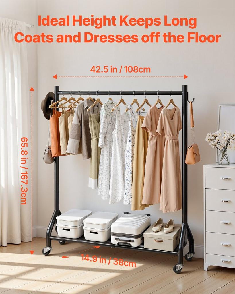 Clothes Rack, Rolling Clothing Garment Rack with Hanging Rod and Side Hooks, 90 kg Load Capacity, Heavy Duty Carbon Steel Clothing Racks with Wheels,