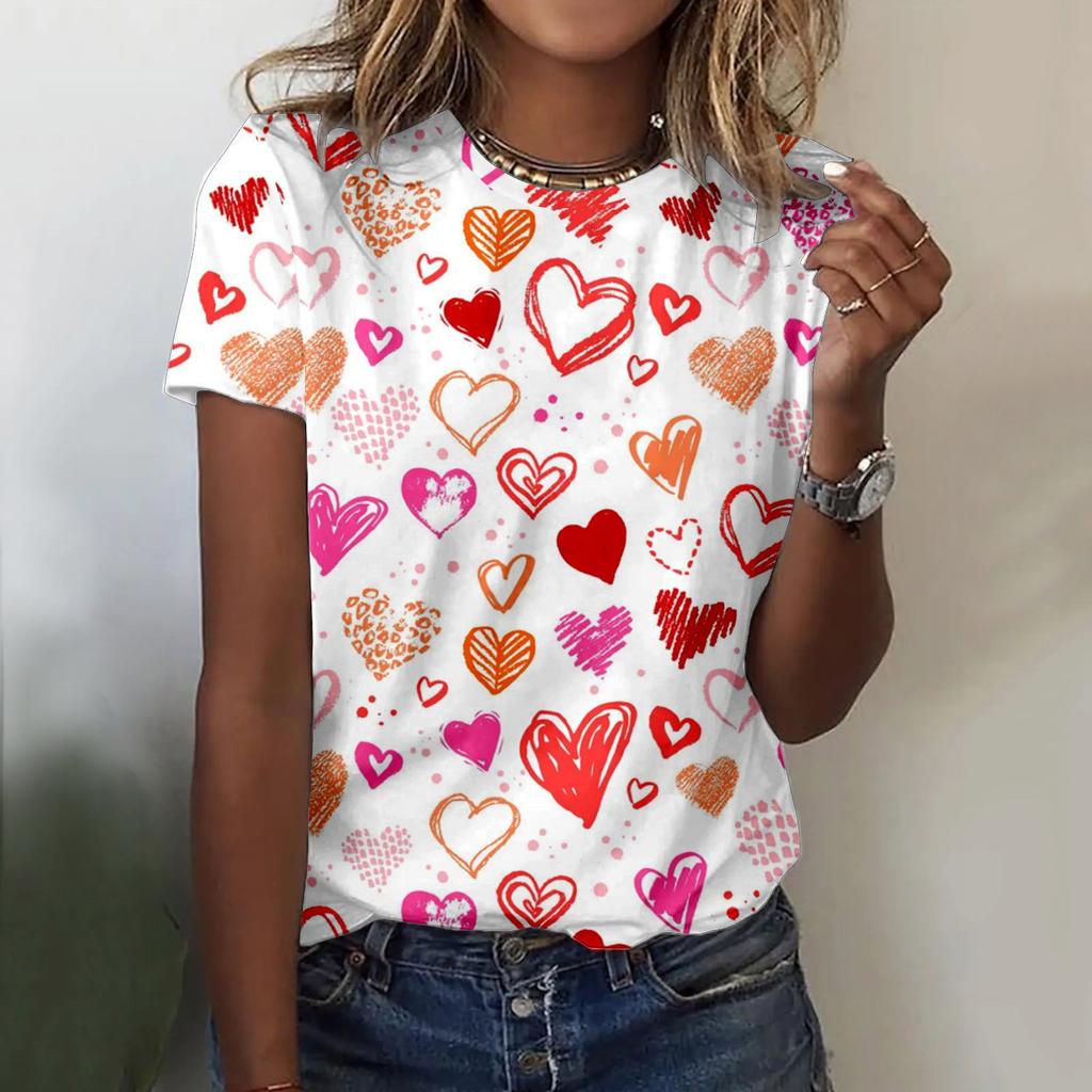 Summer Round Neck 3D Love Flower Print Top Fashionable Casual Short Sleeved Women's T-shirts