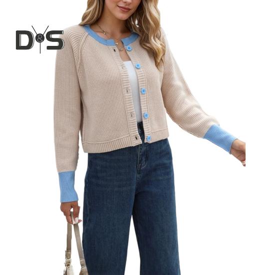 

Ребристый свитер, пальто, женский вязаный кардиган с цветными блоками, свитер на пуговицах с круглым вырезом и длинным рукавом, повседневные вязаные топы S абрикосовый