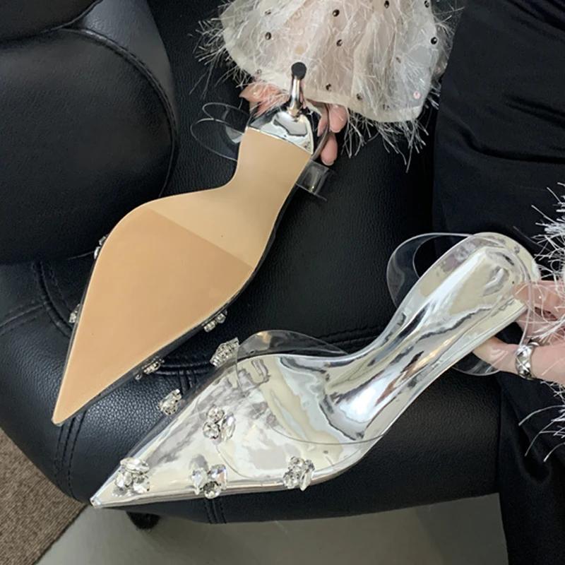 Sexy třpytivé křišťálové PVC průhledné dámské lodičky tenké podpatky párty ples špičaté špičky slingback boty
