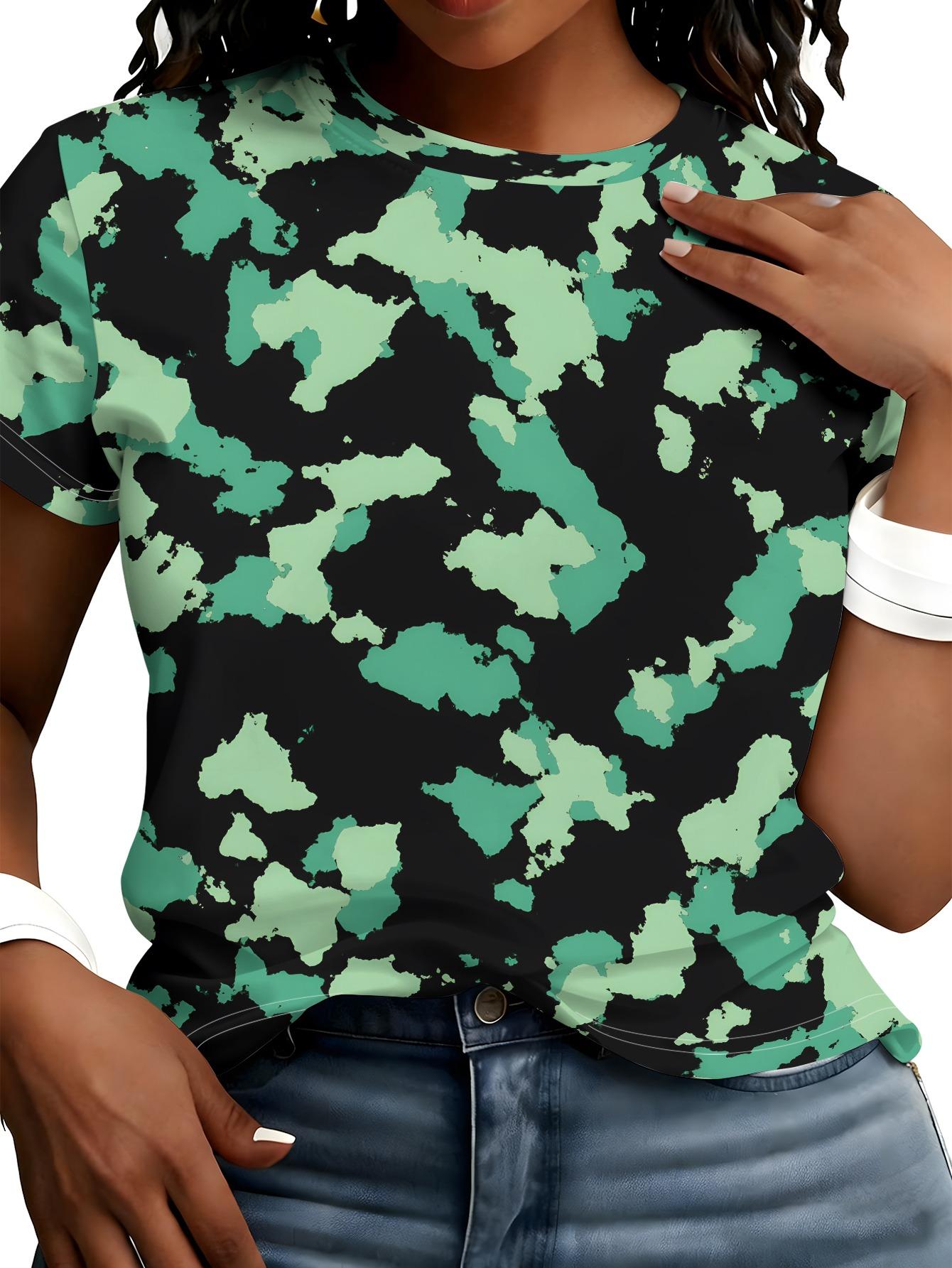 

Camouflage T-shirt- Full Camouflage Print Short-sleeved Round-neck Loose Top Black with Green Camouflage Suitable for Casual Outfits and Layering. Cas 2XL дубильная кора