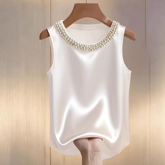 Damska kamizelka jedwabna satynowa bez rękawów z kołnierzem z sztucznych pereł luźny krój letnie topy formalne półformalne